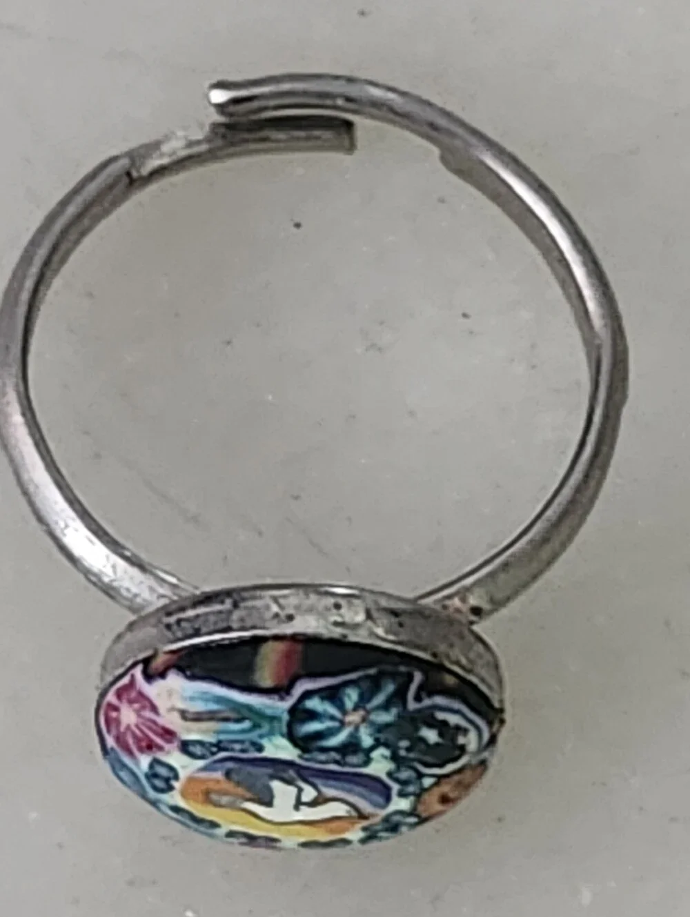Hand-Painted White Dove Floral Adjustable Ring - Multicolor